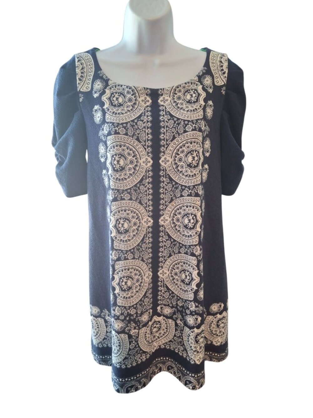 Akemi + Kin Anthropologie S Navy Paisley Tunic Dress Boho Coastal Green Zip